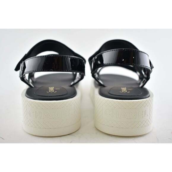 Chanel 20C Black Patent White CC Logo Mule Slide Strap Flat Dad Sandal 40.5 - Picture 5 of 12